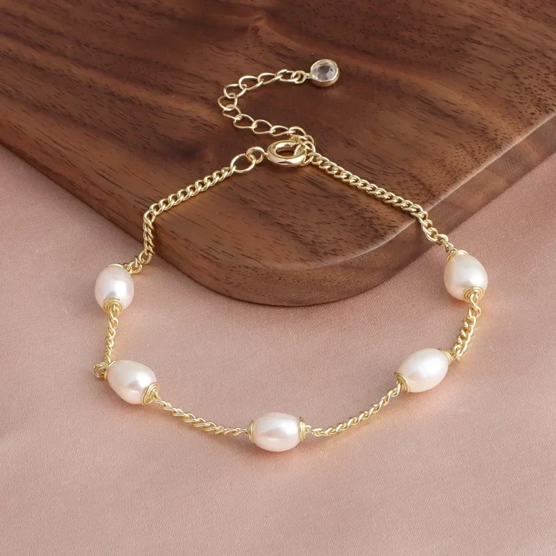 

Delicate Baroque Freshwater Pearl Beaded Strand Bracelets for Women Mujer 14K Real Gold Plated Copper Daily Accessories Bracelet