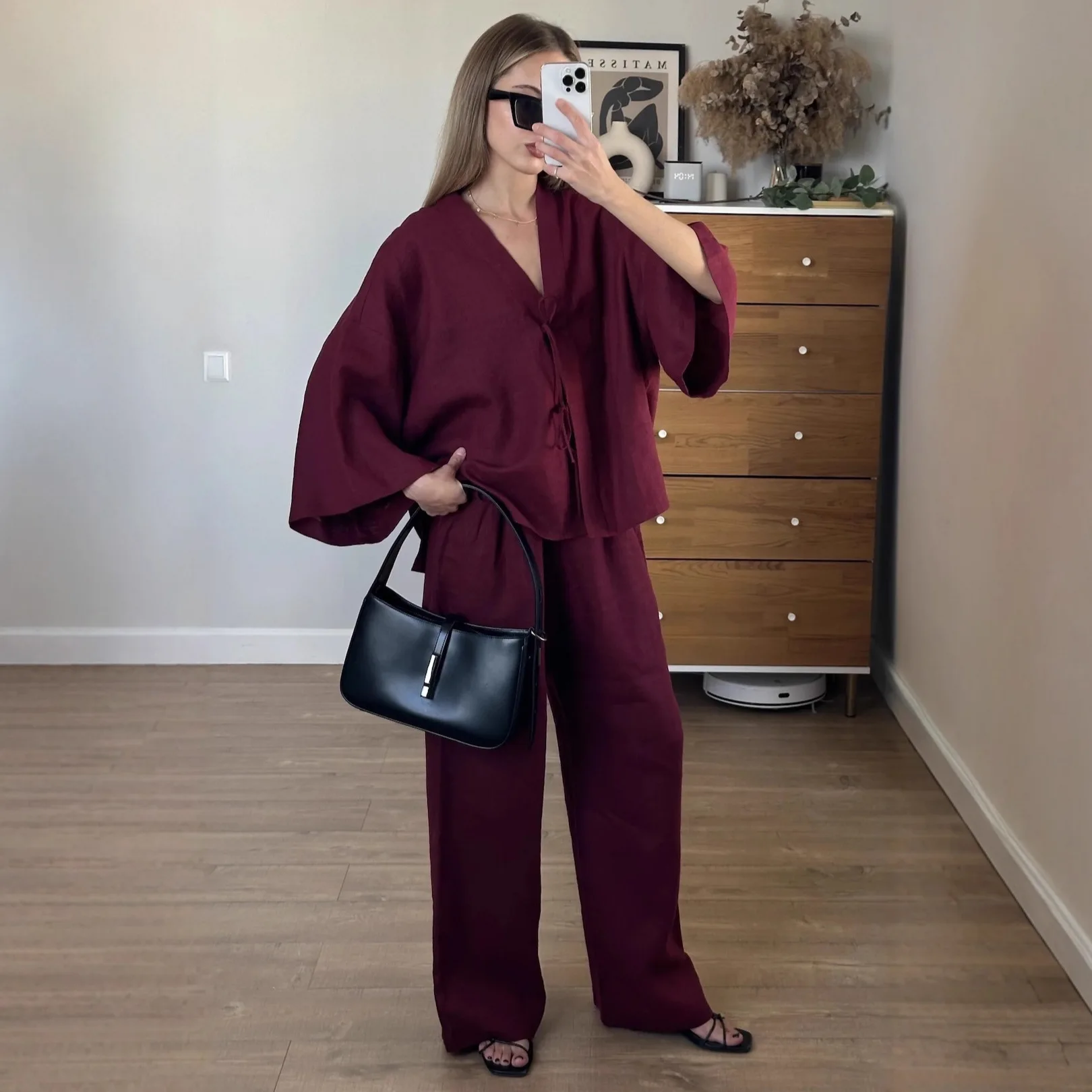 

2026 Chic Full Sleeves V-neck Lace-up Cardigan Loose Pants Set Lady Casual Streetwear Spring Brown Cotton Linen Suit For Women