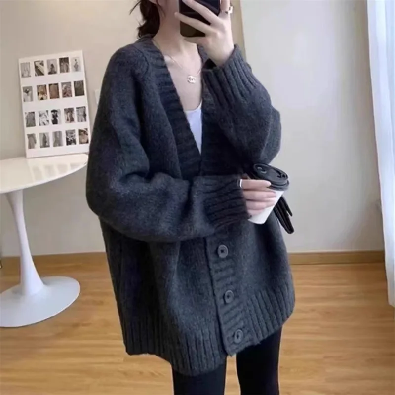 Chaqueta de suéter caqui para mujer, cárdigan de punto holgado y adelgazante, versión coreana de otoño e invierno