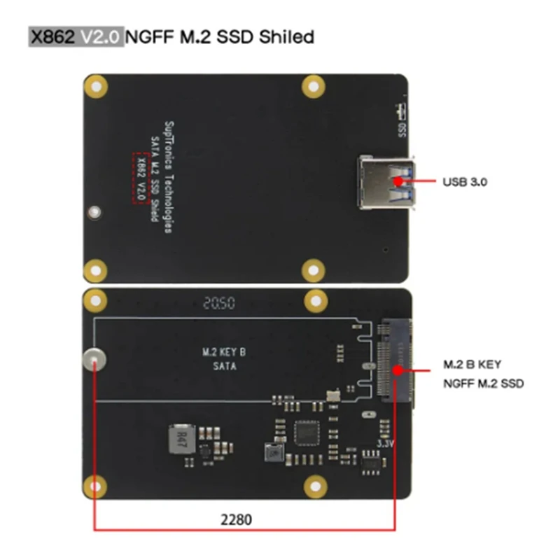X862 V2.0 M.2 NGFF 2280 SATA SSD Storage Expansion Board / Shield For Raspberry Pi 4 Model B