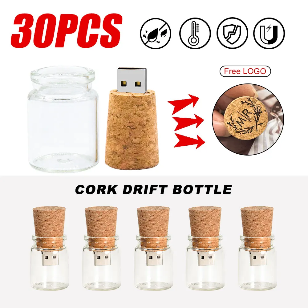 30PCS/Lot Drifting bottle Flash Drive 16GB Free LOGO USB 2.0 Pen Drive 64GB Glass Bottle Memory Stick 32G Free shipping U Disk