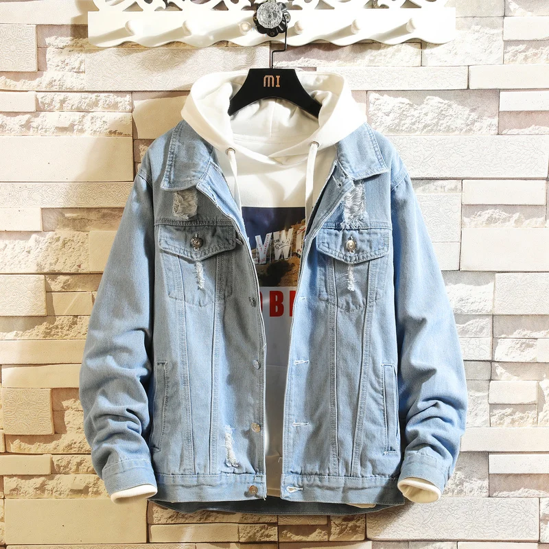 

Men Ripped Denim Jackets Light Blue Holes Denim Coats Pop Male Spring Autumn Jeans Jackets Men Oversized Jeans Coats Size 5XL