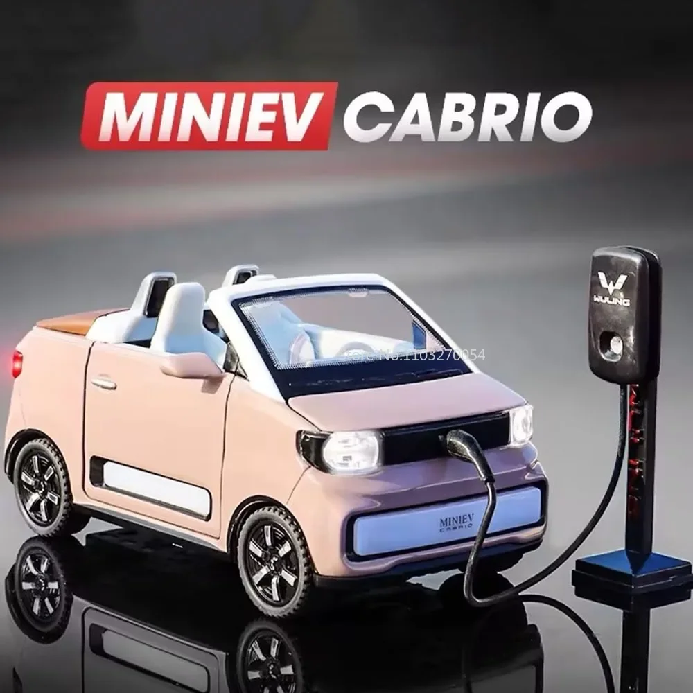 WuLing-MINI EV Convertible Edition, modelos de coches de simulación fundidos a presión, luz de sonido, vehículos extraíbles, colección de regalos para niños, 1/24