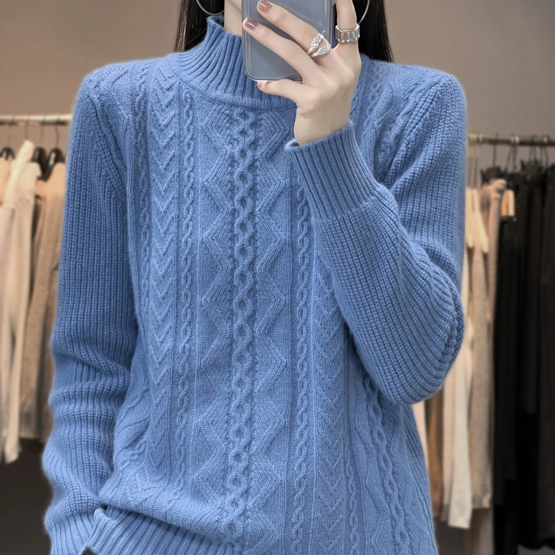 ZYCZCXX New Fashion Women Sweater Autumn Winter Jersey 100% Merino Wool Tops Pullover Mock-Neck Long Sleeve Jumper Knitwear