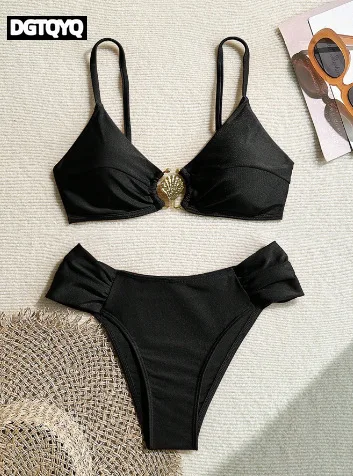 Sexy Pleate High Waist Bikini Set 2026 New Women Metal Buckle Push Up Two Piece Swimsuit Beach Bathing Suit Holiday Swimwear