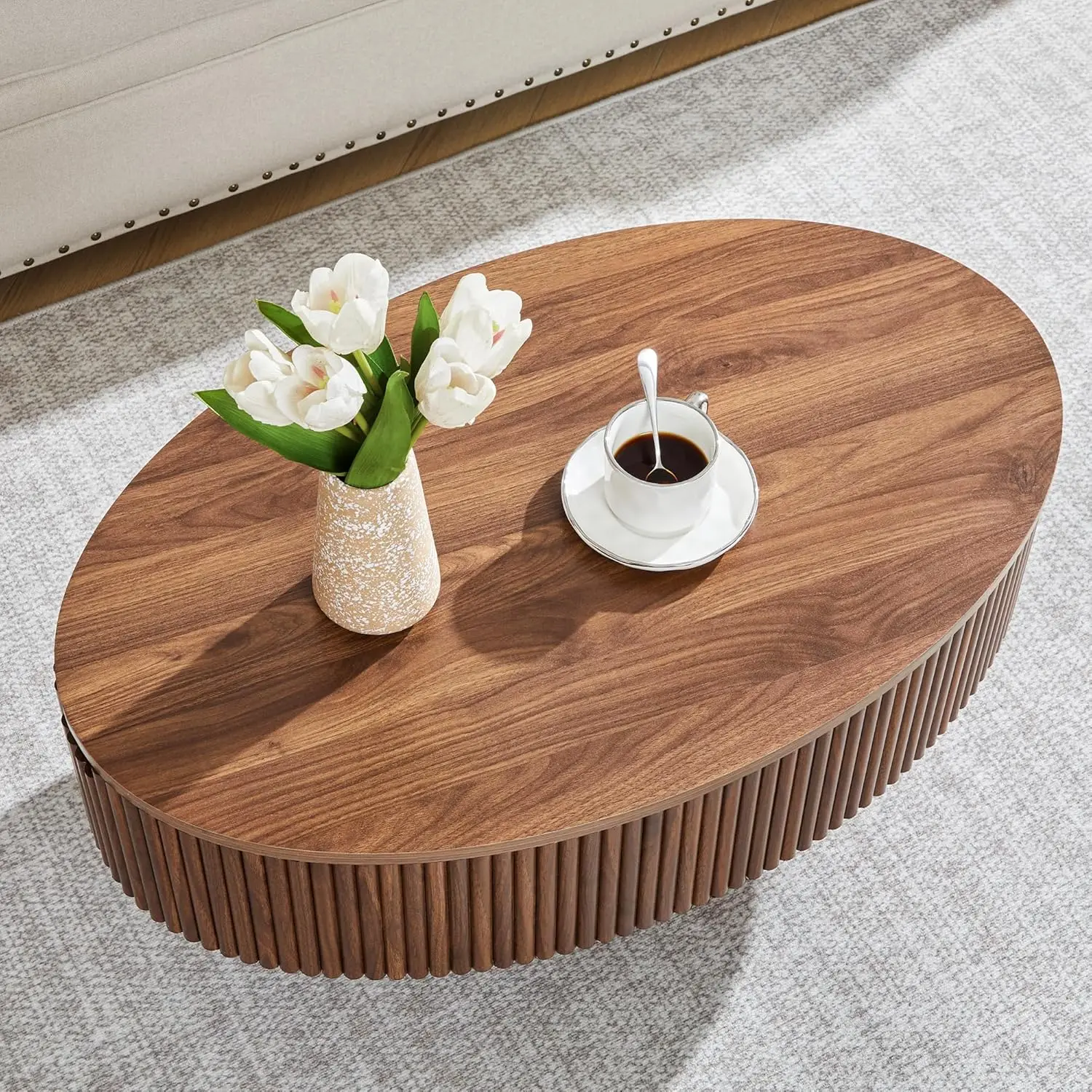 Oval Coffee Table with Hidden Storage, 31.5 Inch Wide Modern Coffee Table, Center Table with Fluted Veneered, Accent Tea Table f