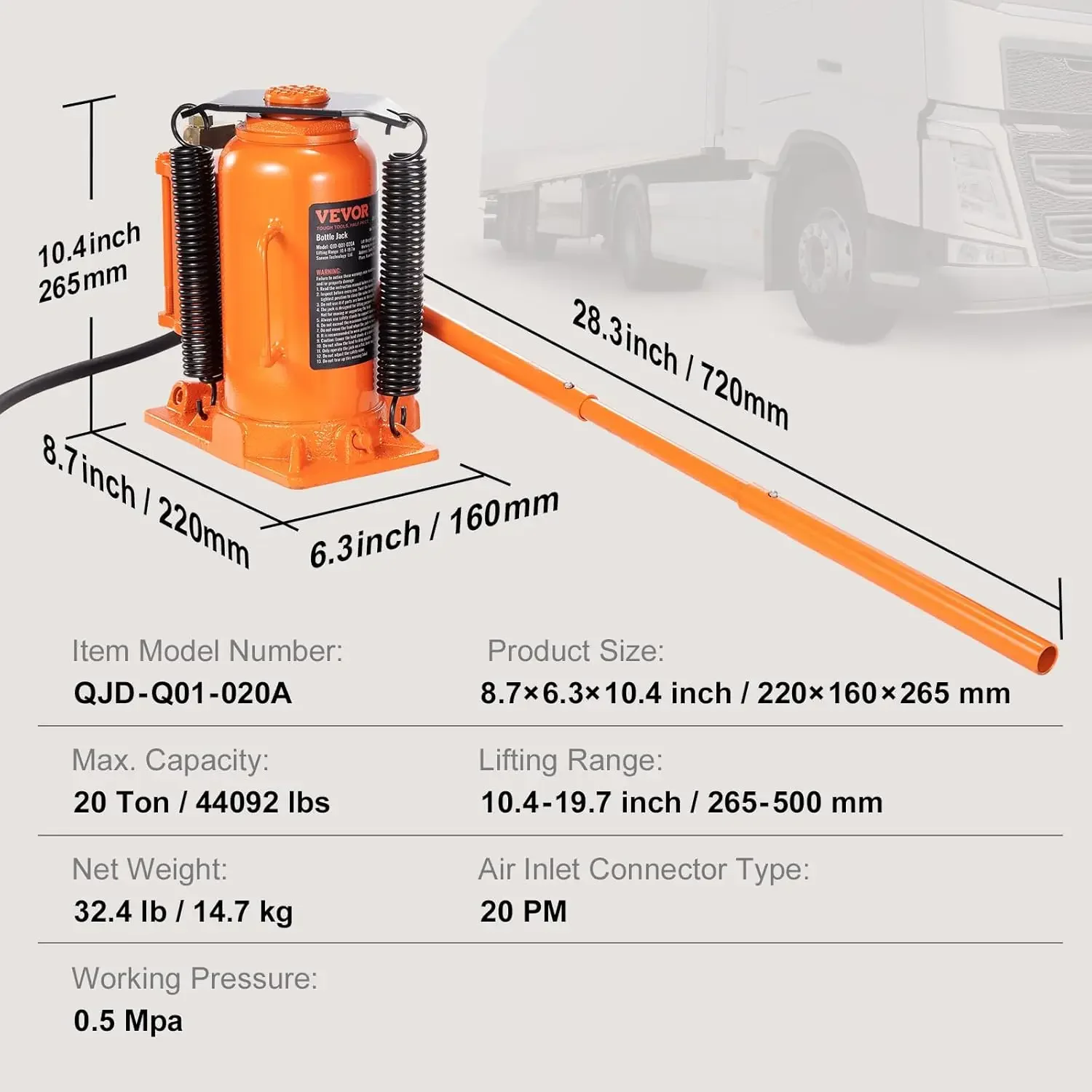 Luchthydraulische flessenkrik, 20 ton/40000 LBS volledig gelaste flessenkrik, 10,4-19,7 inch hefbereik, handmatige handgreep en luchtpomp