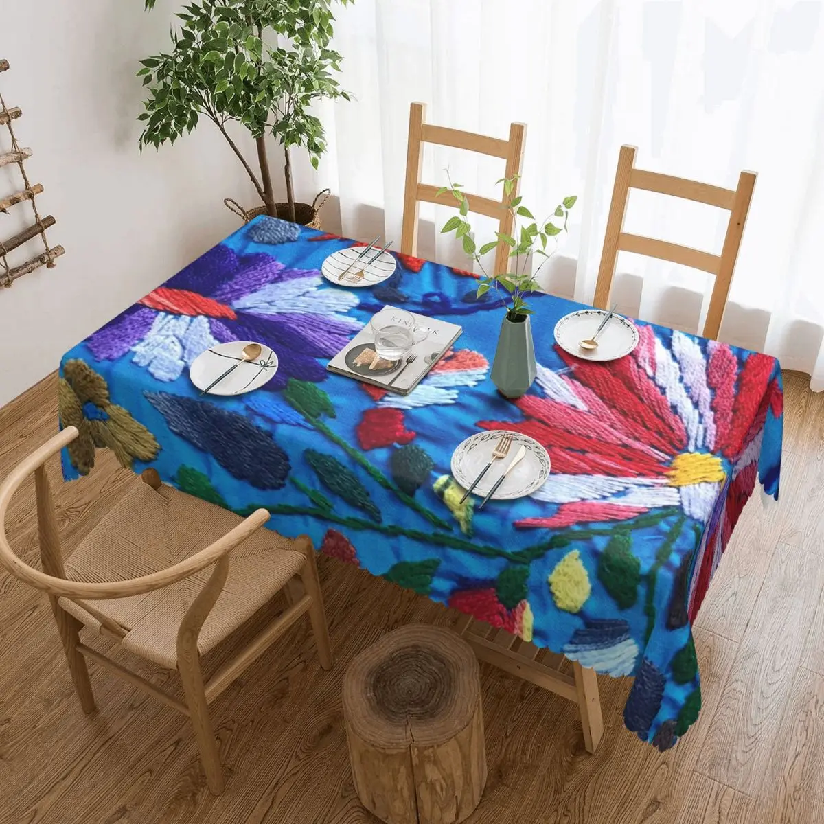 Customized Red White Mexican Flowers Rectangular Tablecloth Oilproof Table Cloth Textile Floral Art Table Covers