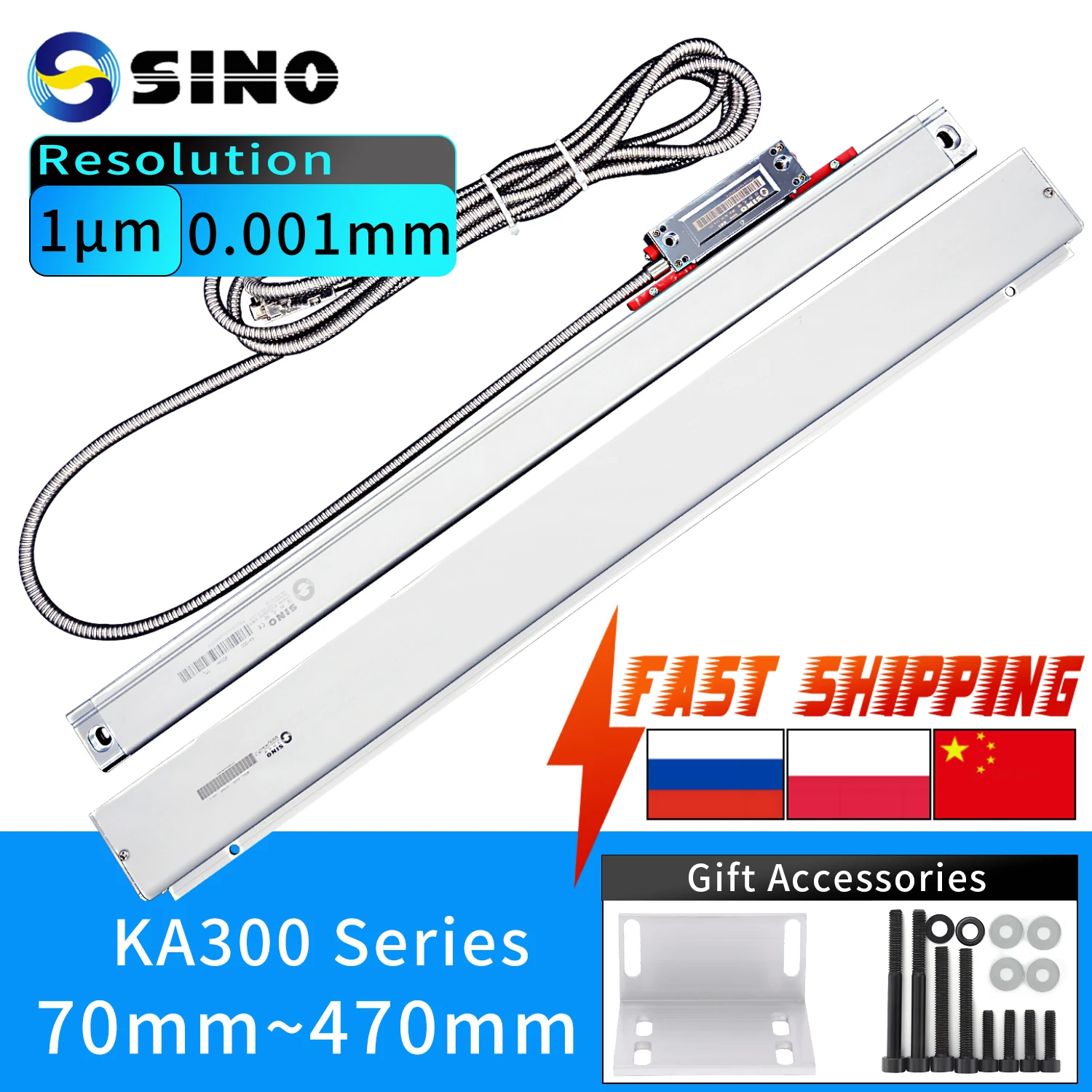 【1U】SINO KA300 High-precision Linear Scales 1um 5V TTL Optical Ruler Stroke Length 70 120 170 220 270 320 370 420mm Lathe Scale