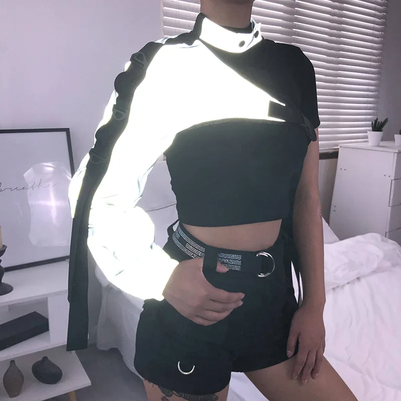 

2025 Popular Reflective Top New Personalized Irregular Backpack Buckle Long Sleeved Ribbon T-shirt Cover Female Clothing