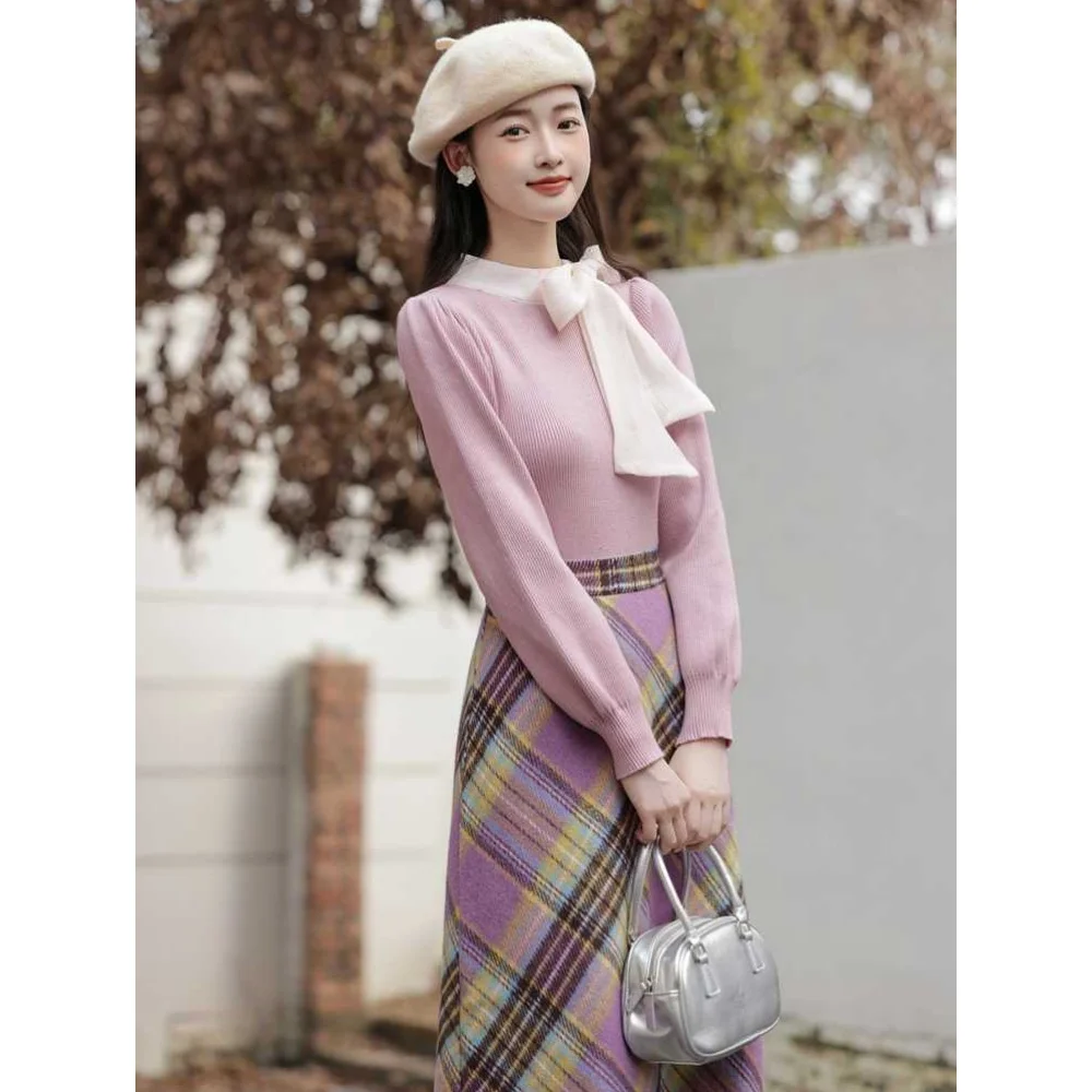 Women Spring Autumn Vintage Graceful Bowknot Sweater Plaid Skirts 1 or Two Piece Set Lady Retro Knit Tops High Waist Skirt Suits