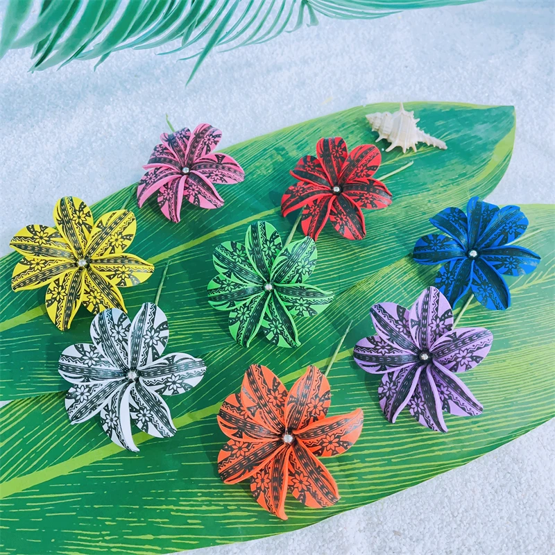 8 pièces nouveau Design 9CM mousse impression Tiare fleur tiges de cheveux avec perle pour les femmes île tropicale hawaïenne polynésienne fête pince à cheveux