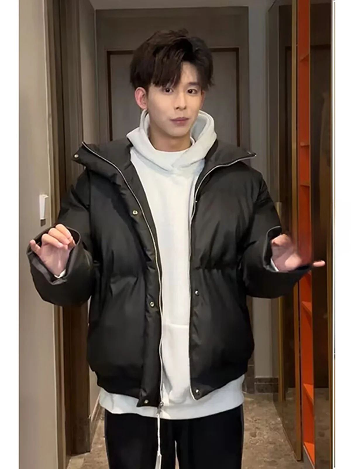 

American Retro Pu Leather Motorcycle Cotton Jaet Men Winter Thi Warm ort Stand Collar Couples Bread Loose Fit Long S...