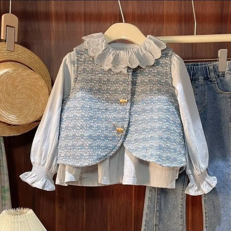 Girl's Autumn Outfit with Fashionable Temperament Children's Outfit Autumn Girl's Vest  Shirt Jeans Set