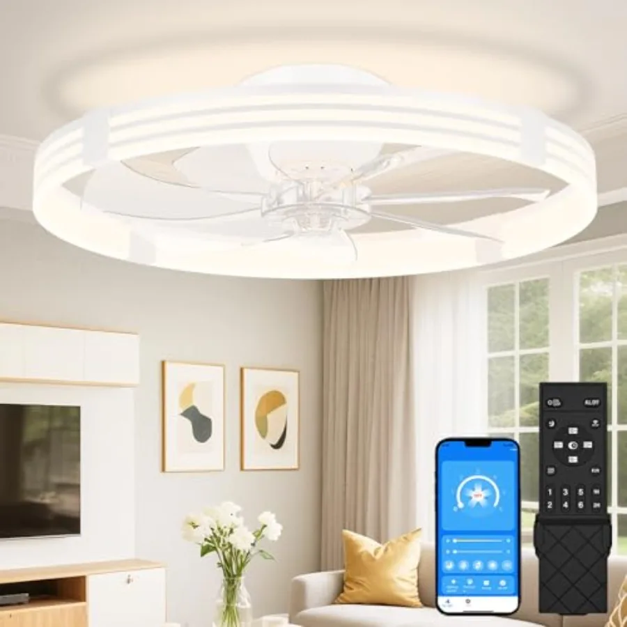 

Bedroom ceiling fan with light: low-profile flush mount, white bladeless design, 24in, dimmable 3000K-6500K LED fandelier, incl