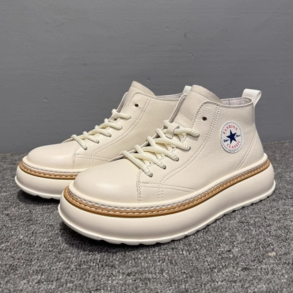QHCCID Men's Cowhide Ankle Boots The Most Popular And Fashionable Thick-Soled Comfortable White Shoes For Spring