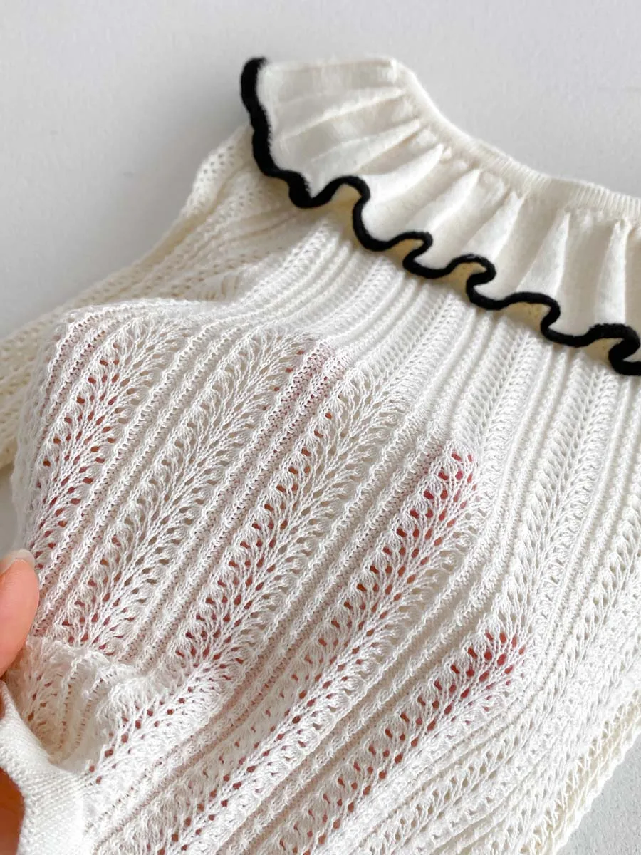Korean Style New Girls Autumn Sweet Cute Knitted Doll Collar Long Sleeve Top Lace Skirt suit Autumn Baby Jumpsuit suit