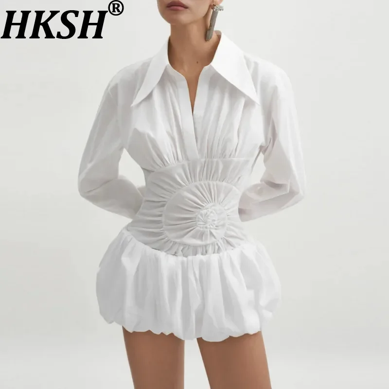 

Женское короткое платье HKSH с плиссировкой, приталенное, с отложным воротником, длинными рукавами, шикарное, элегантное, класса люкс, летнее HK9874