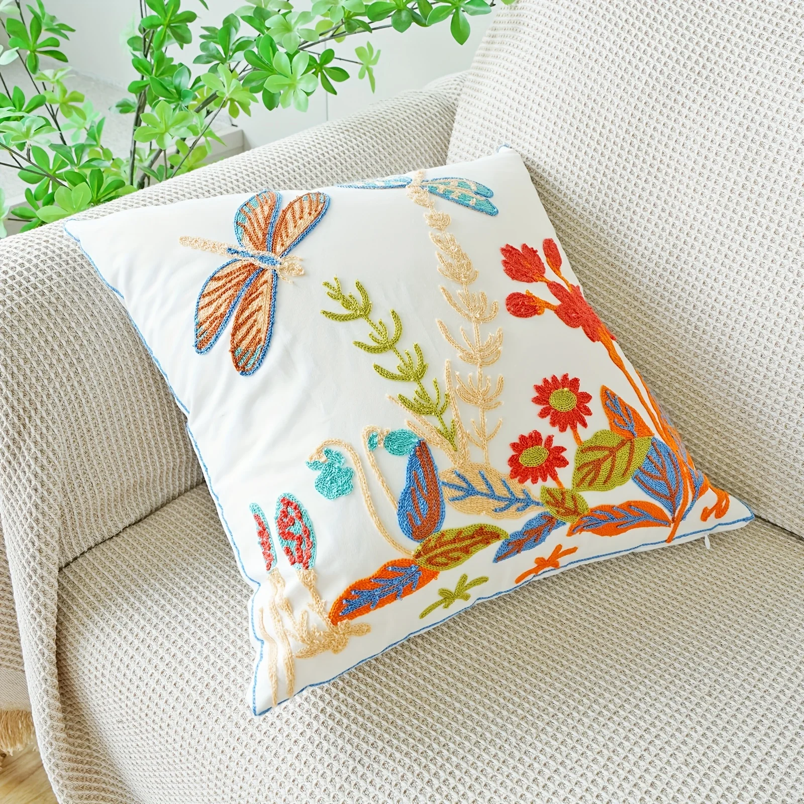 Boho Dragonfly Floral Throw Pillow Cover Vintage Botanical Garden Print Decorative Cushion Case for Sofa Home Decor