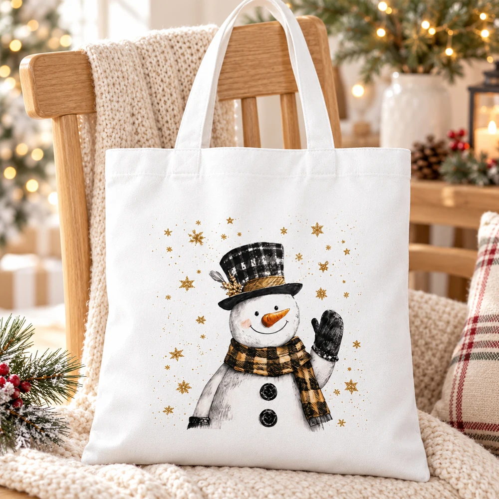 Snowman Waving Happy New Year Gold Snowflake Design Tote Bag, Novel Printed Colorful Shoulder Bag, Suitable for Outdoor Shopping, Fun Design, Suitable for Parties and Holiday Events, Double-Layer Design, Can Be Used as a Gift for Friends and Family