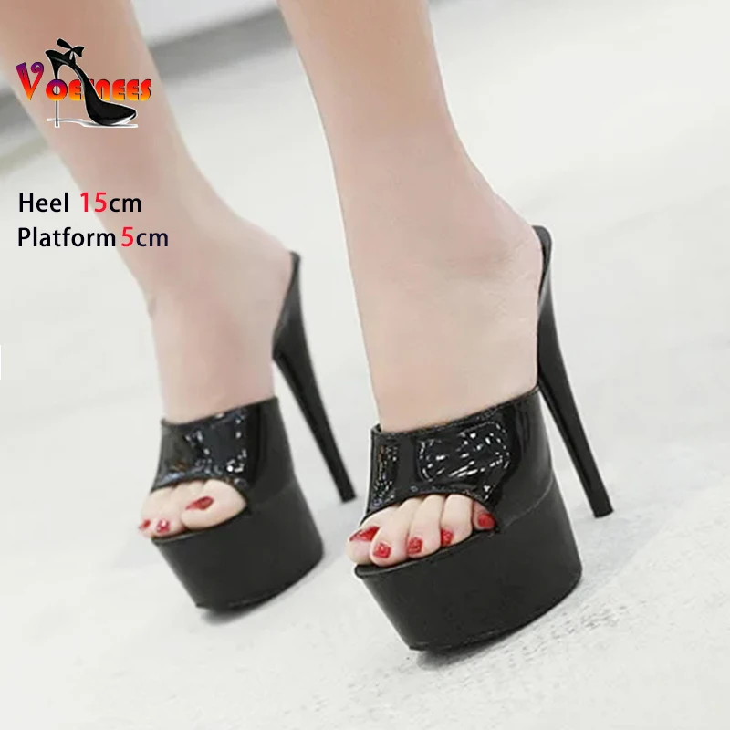 2024 Patent Leather Women Shoes Thin Heels Sexy Waterproof Platform High Heels Sandals Female Summer Slip On Slippers Size 43