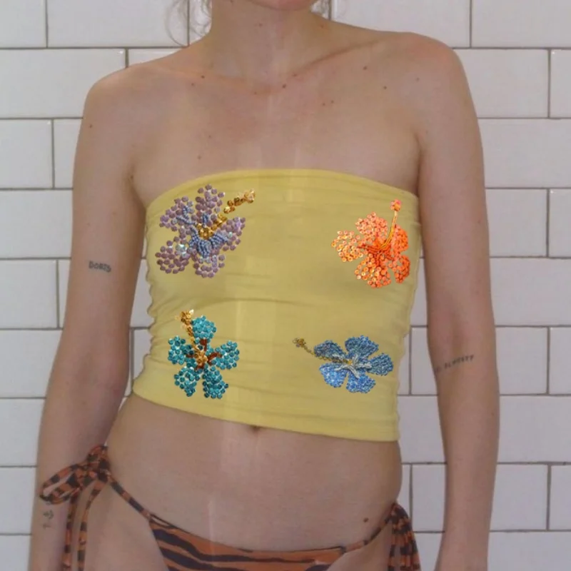 Womens Sequin Strapless Tube Top Y2k Sparkle Floral Sleeveless Backless Slim Fit Floral Top Off Shoulder Going Out Bandeau Tops