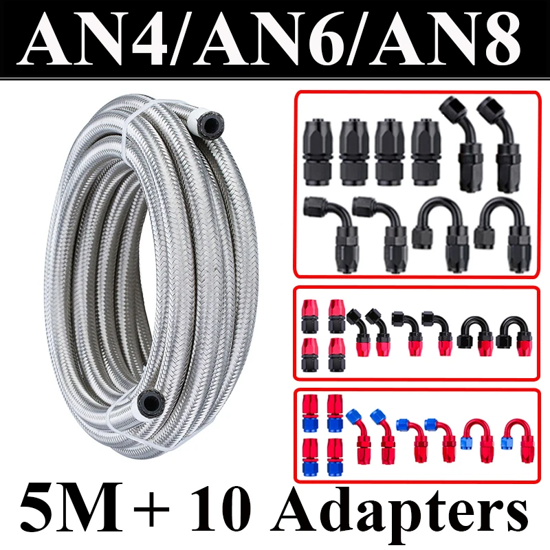 

5M AN4 AN6 AN8 Fuel Hose Oil Gas Cooler Hose Line Pipe Tube Stainless Steel CPE Rubber 4x0 2x45 2x90 2x180 Degree End Fittings