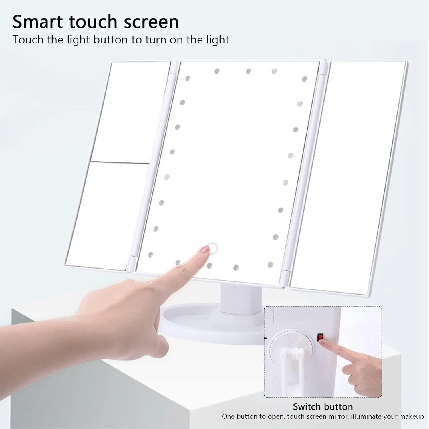 Makeup Vanity Mirror with Lights Adjustable Brightness 1X/2X/3X Magnification Touch Screen Trifold Cosmetic Mirror Women Gift