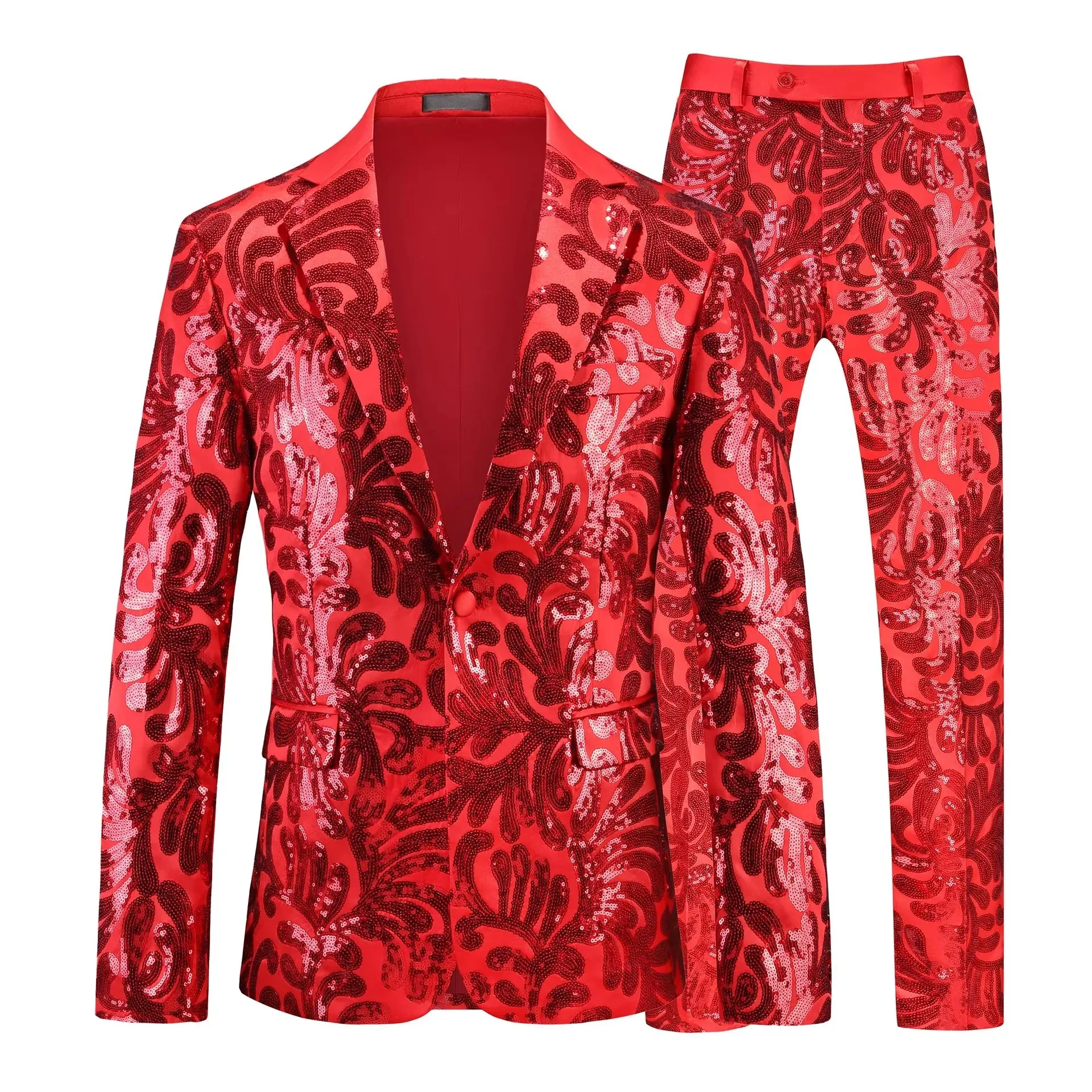 

Men Slim Suit Luxury Red Sequins Two-Piece Set Glitter Blazer And Pants plus Evening Party Performance Outfit for Singer Host