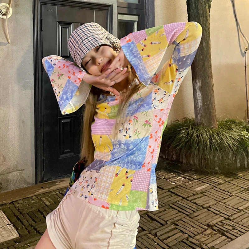 Mesh T-shirts Women Sunproof Colorful Print Patchwork Spring Summer Thin Hotsweet Flare Sleeve Slim Tops Design Outerwear Chic
