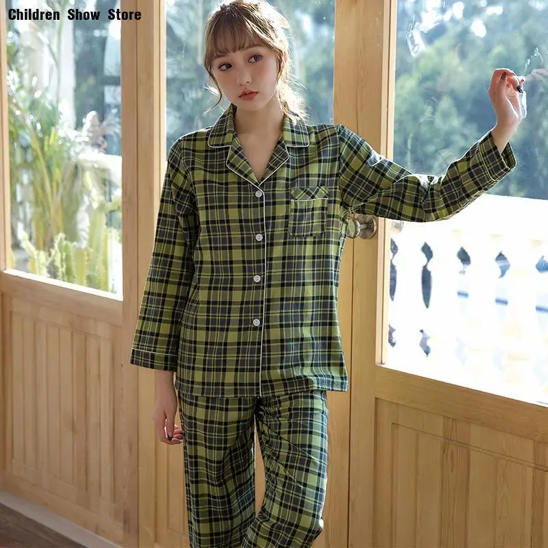 100% Cotton Long Sleeve Women's Pajama Set 2Pcs Cardigan Sleep Set Autumn Outwear Homewear Plaid Pajamas Button Down Sleepwear