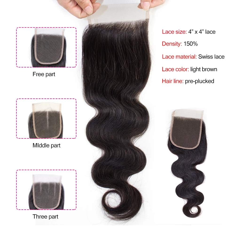 Perruque Lace Closure brésilienne naturelle, Body Wave, 4x4, 8-18 pouces, noir naturel, lot de 1/3/5, vente en gros, 100% cheveux humains