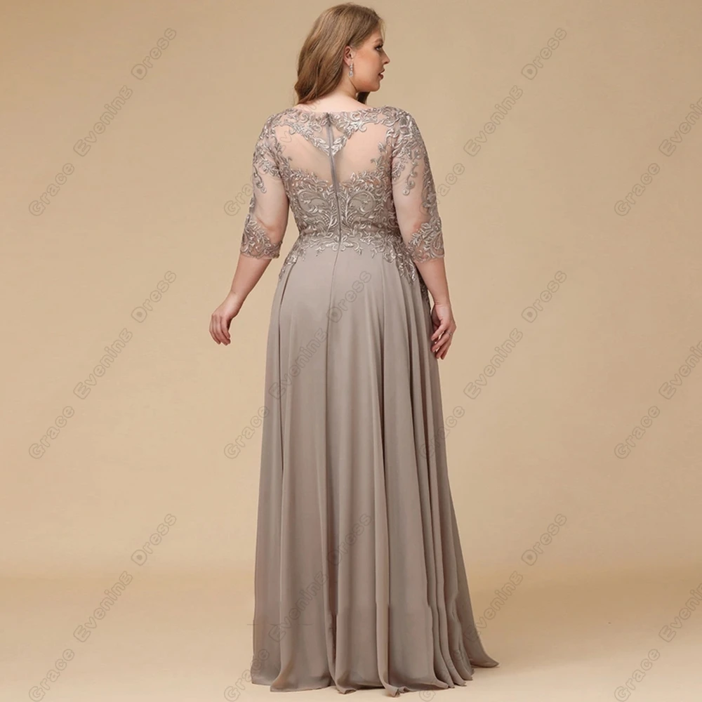 Brown Plus Size Mother of Bride Dresses with Lace Three Quarter Chiffon Wedding Party Dresses  for Women Scoop Robe De Soirée