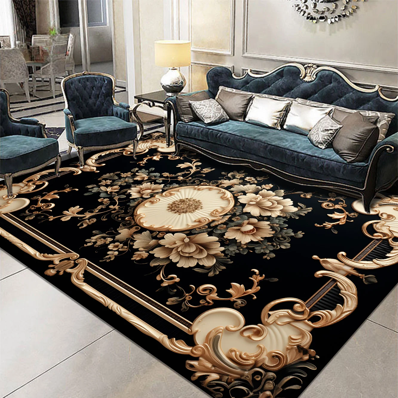 Large Area Black Persia Carpet for Living Room Decoration Home Sofa Table Area Rug Bedroom Cloakroom Floor Mat Non-slip Washable