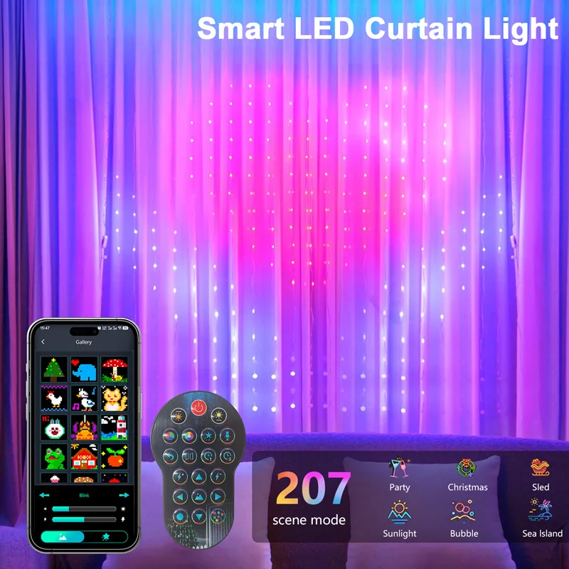 

9.9Ft 400LED Smart Curtain Lights Smart LED Curtain String Lights Outdoor Remote APP Control for Home Party Christmas Decor