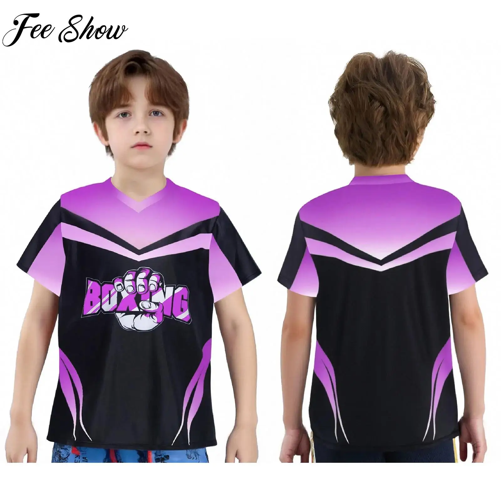 

New Kids Boys Color Block Letter Printed Boxer Costume V-Neck Short Sleeve T-shirt for Boxing Training Gym Workout Active Wear