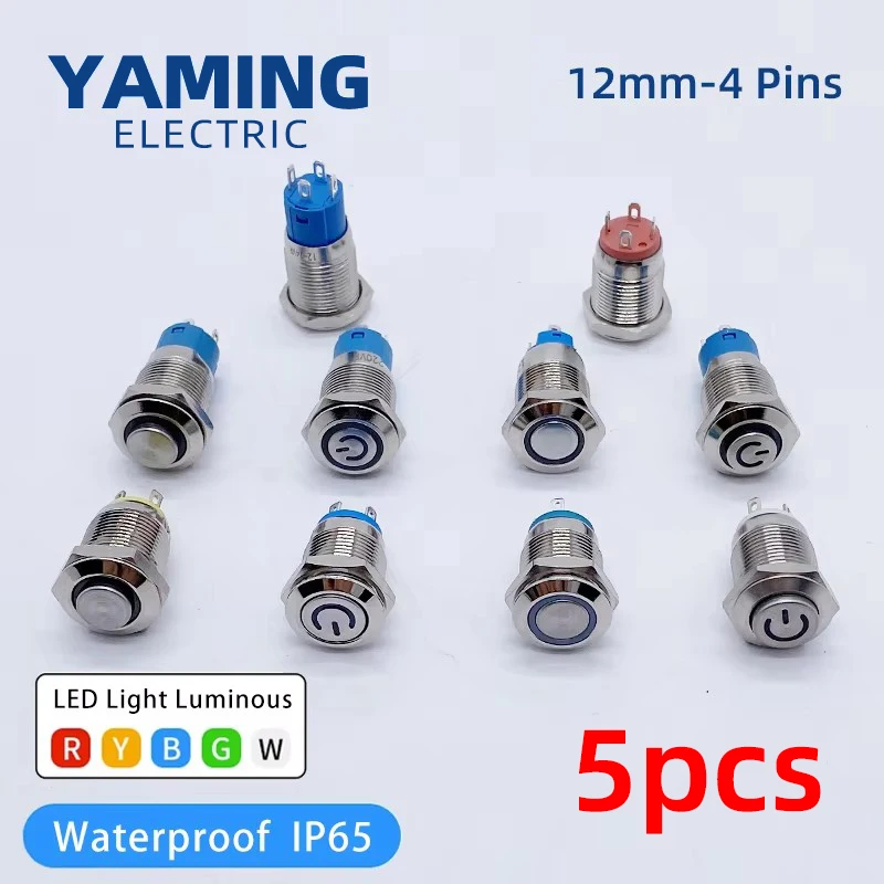 12mm Metal Push Button Switch Momentary/Latching Waterproof 4 Pins LED Bulb Night Light Flat/High Round Self-locking Reset Type