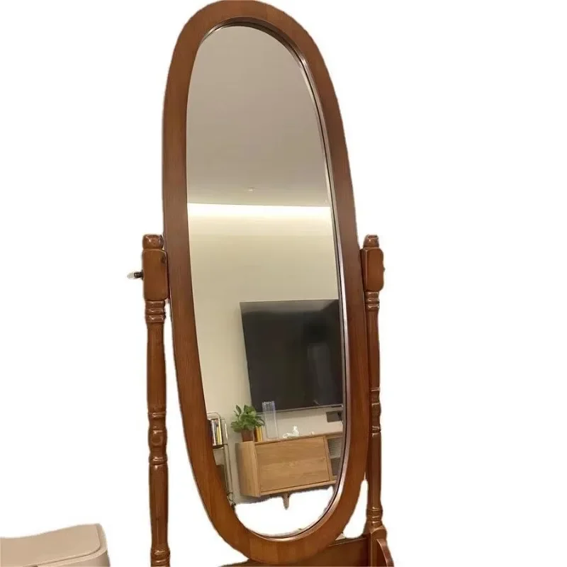 French retro country, solid wood oval floor mirror, makeup mirror with bedroom entrance bracket