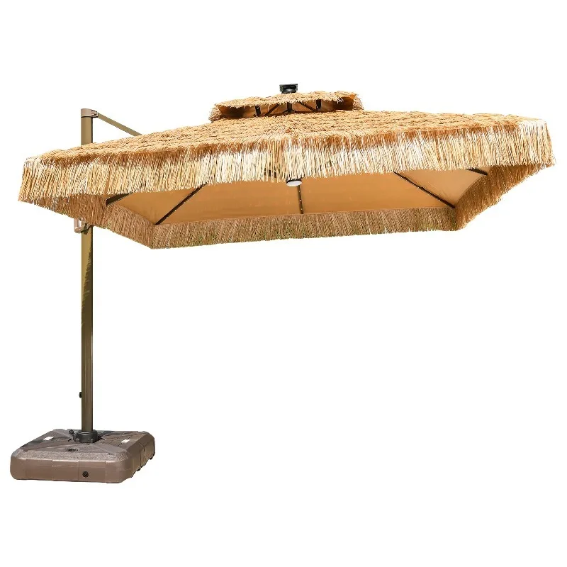 3m Thatched Roof Cantilever Patio Umbrella with Solar LED Lights, 360° Rotation Outdoor Hawaiian Style Tiki Umbrella with Base