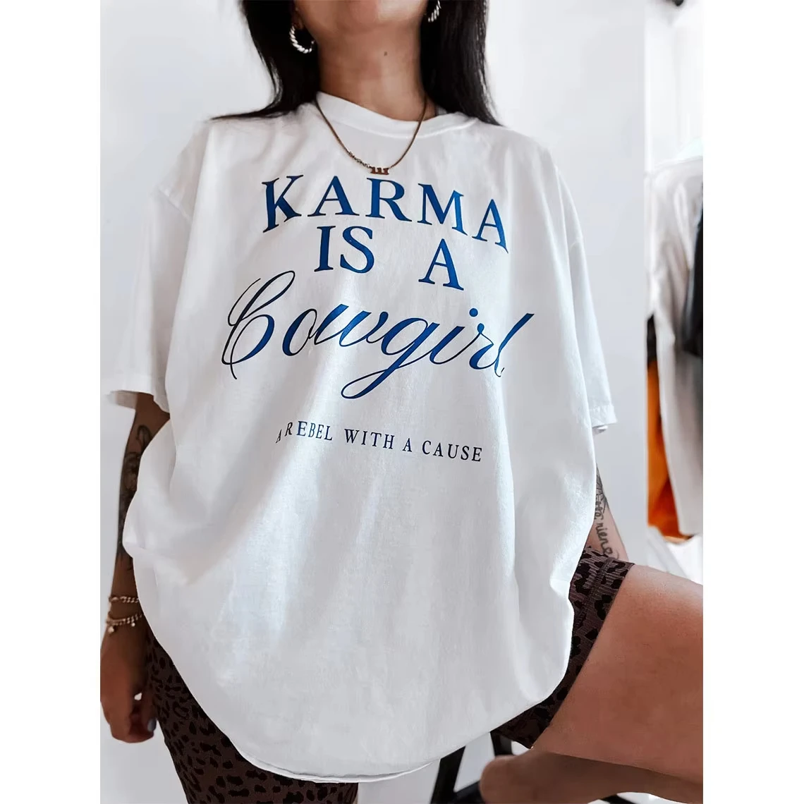 

Karma Is A Cowgirl Letters Printing Vintage Style White T Shirts Women Short Sleeve Oversized Thick Cotton Tops Ins Western Tees