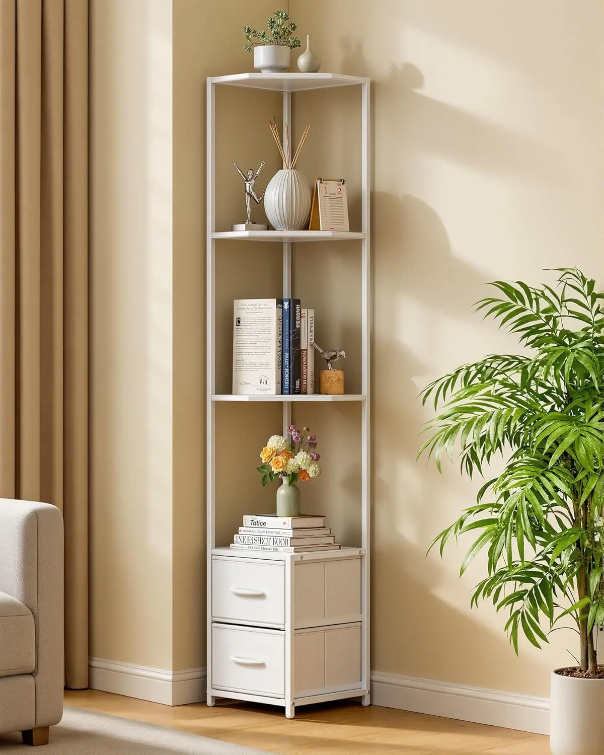 

6-ярусная угловая полка с тканевыми ящиками, высотой 63,4 дюйма, отдельно стоящая, для гостиной, спальни, кухни, ванной комнаты, белого цвета