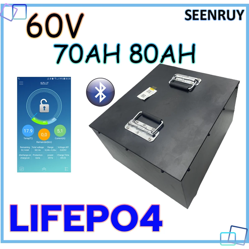 

60V 70AH 80AH LIFEPO4 Battery free charger built-in BMS bluetooth for motorcycle car bus RV forklift food truck