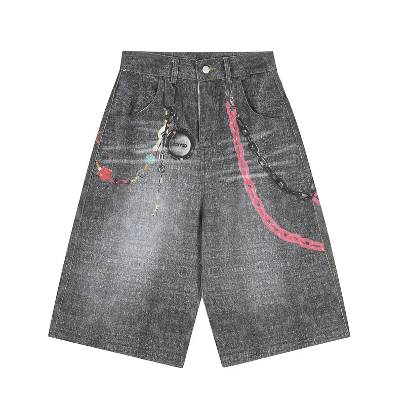 

3D Stereoscopic Chain Printing Vintage Cropped Shorts Jeans Unisex Street Washed Wide Leg Baggy Jorts Y2K Casual Summer Clothes.
