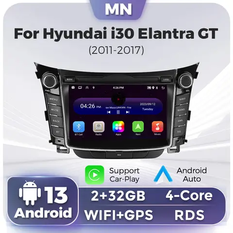 현대 i30 엘란트라 GT 2011 - 2017 용 자동차 라디오, 자동차 재생 멀티미디어 플레이어, GPS 내비게이션, 스테레오 RDS, 안드로이드 13 OS, 7 인치 자동차 멀티미디어 플레이어 GPS 네비게이션 지원 블루투스 미러 연결 무선 CarPlay 자동차 라디오 지원 한국 자동차 전자 장치 WiFi 4G LTE 올인원 안드로이드 반전 모니터