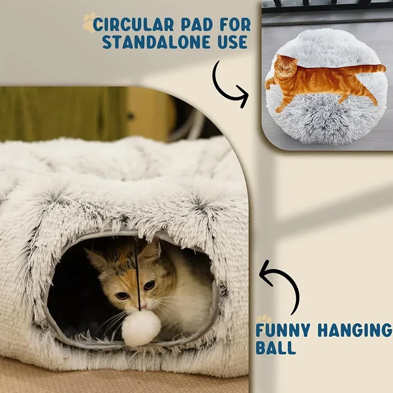 Plush Cat Tunnels Bed for Indoor Cats, Large Cat Donut Tunnel 3 Forms Peekaboo cat cave with Cushion Multifunctional Cat Toys