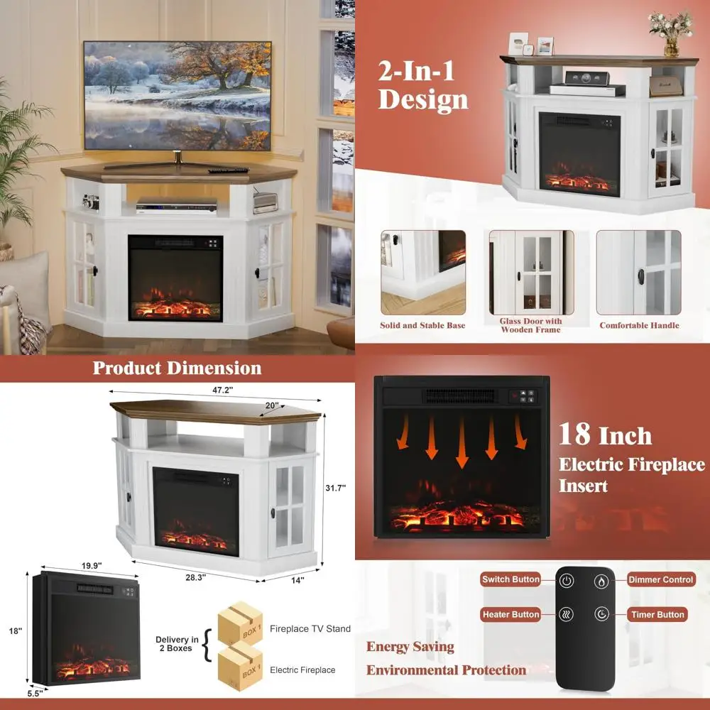 Modern Corner TV Stand Console with Built-In Electric Fireplace for 55 Inch TVs, Entertainment Center with 18 Inch Fireplace