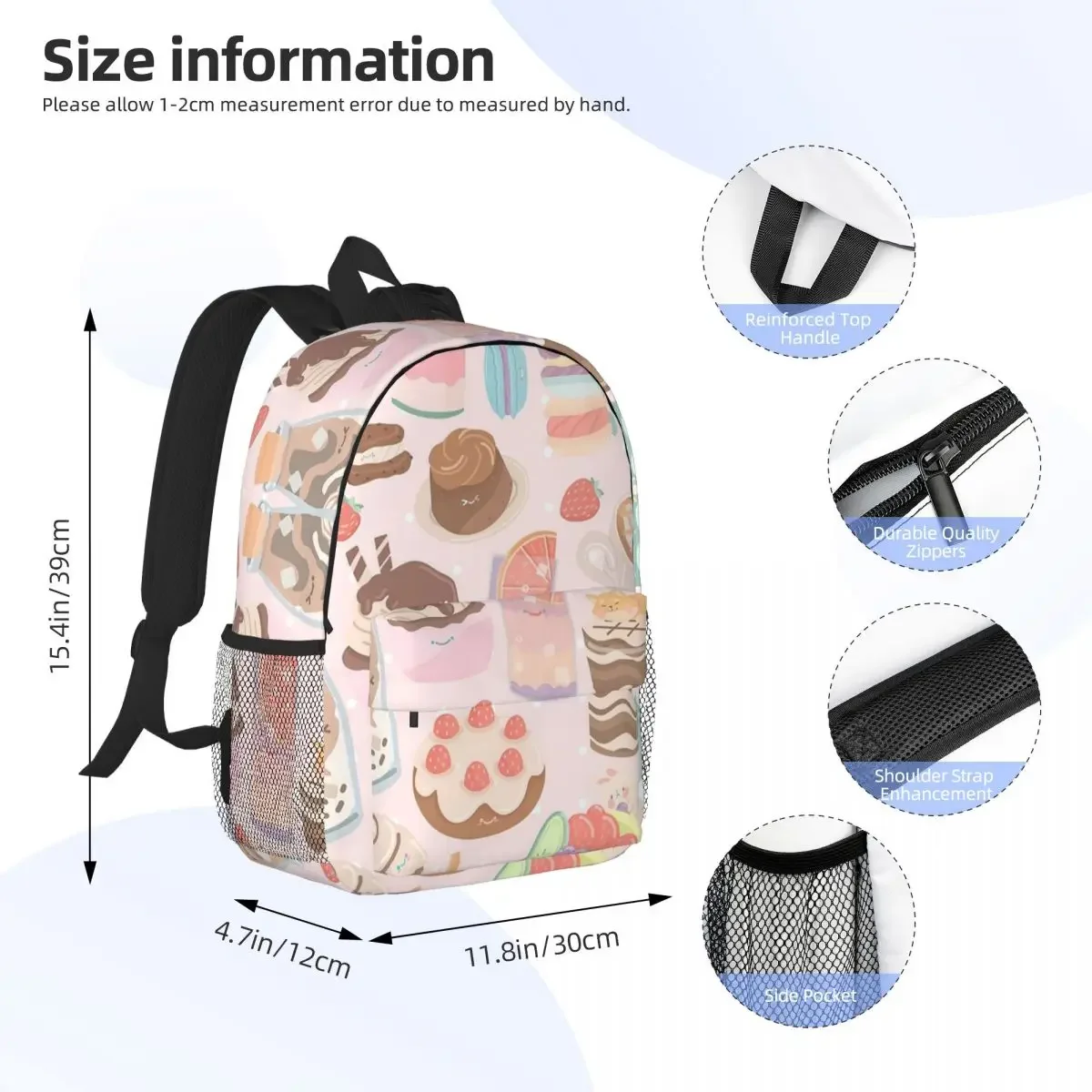 Cute Desserts Seamless Pattern Pink Backpacks Teenager Bookbag Students School Bags Travel Rucksack Shoulder Bag Large Capacity