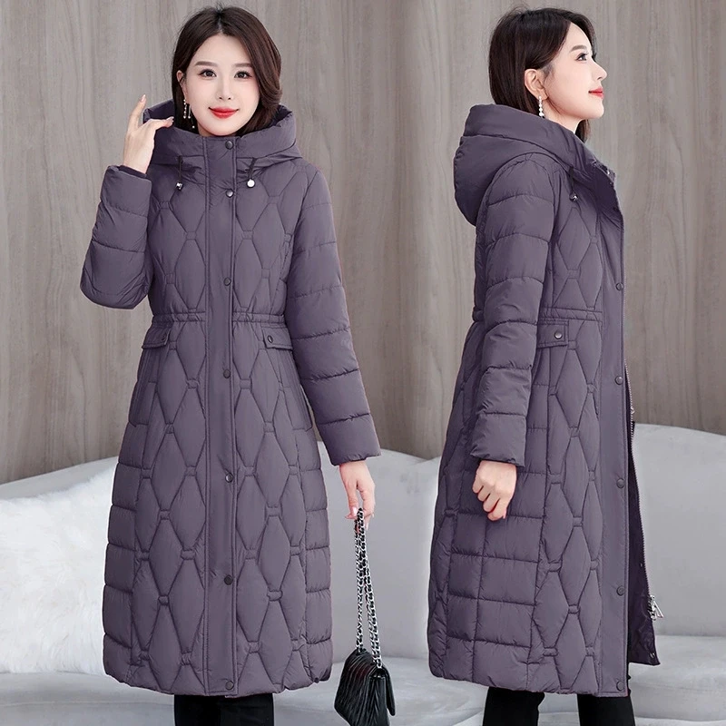 Chaqueta de algodón para mujer, Chaqueta larga acolchada de algodón con capucha para mujer coreana, abrigo de nieve Parka ajustado para invierno 2025