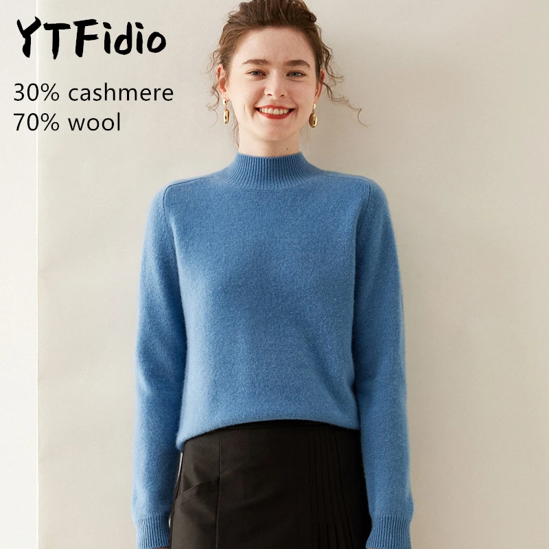 

YTFidio Cashmere Merino Wool Sweater Women Half high collar Mock neck Casual Jumpers Solid Knitwear Pullover Tops 118