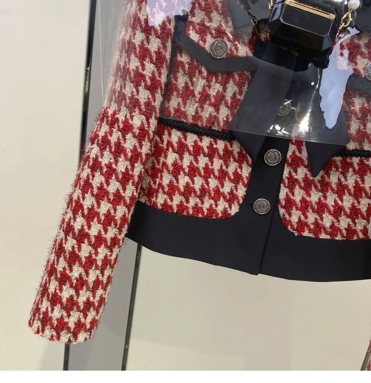 Terno de Natal elegante para mulheres, jaqueta, casaco, top, mini saia, roupa combinando, inverno, houndstooth, vermelho, vestuário de trabalho, roupas